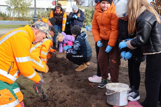 Dzieci z pomocą dorosłych sadzące kwiaty na skwerze przy bibliotece w Pleszewie.