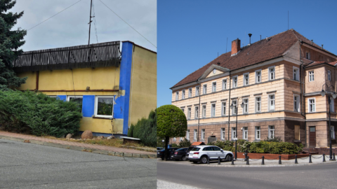 Zdjęcie przedstawia budynek centralnej stacji wodociągowej w Pleszewie oraz budynek Ratusza.