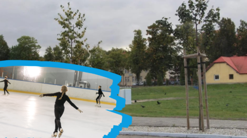 Zdjęcie przedstawia jazdę na łyżwach oraz miejsce, gdzie w Pleszewie powstanie lodowisko na terenie stadionu miejskiego.