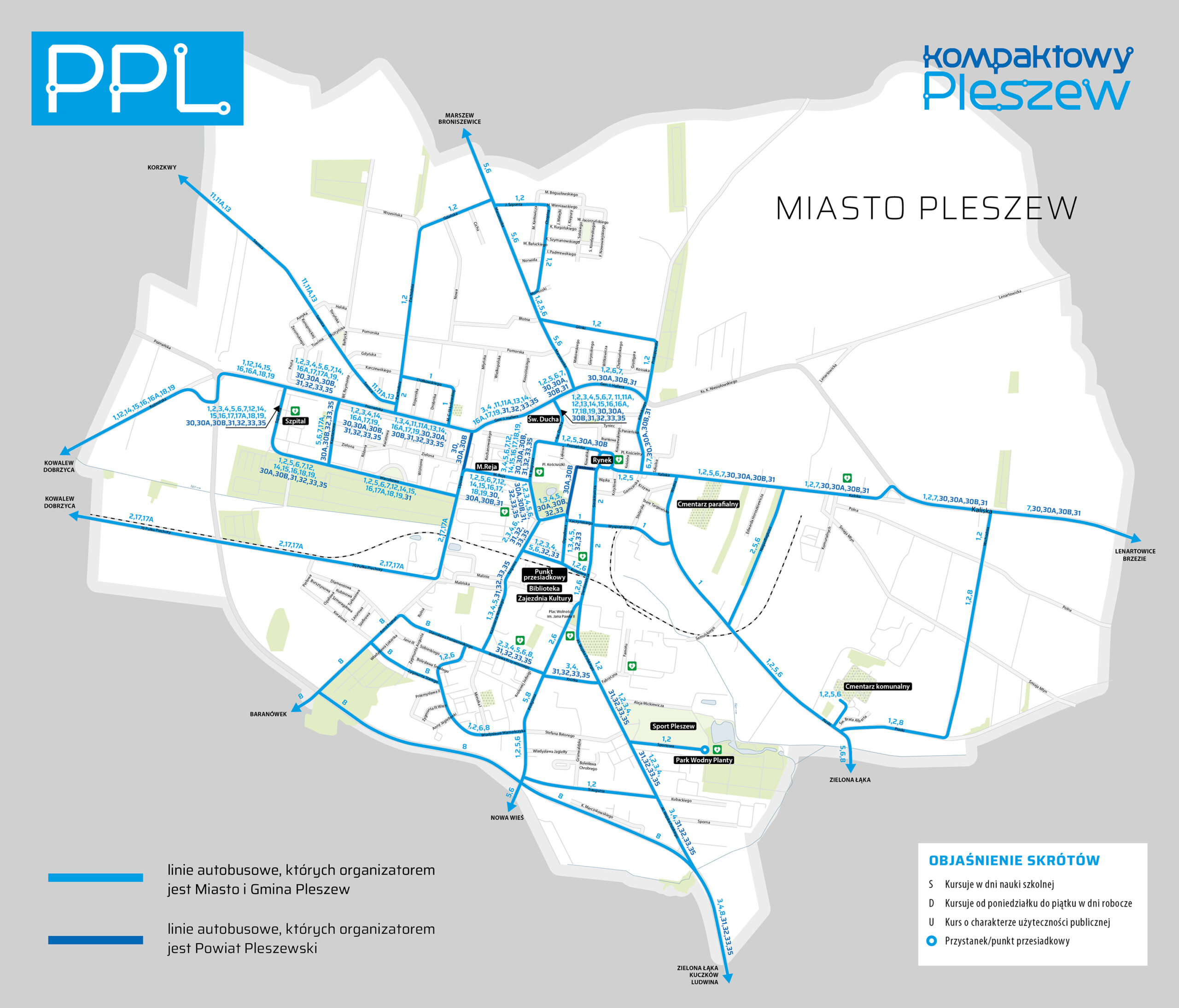 Mapa komunikacji publicznej w mieście Pleszew.
