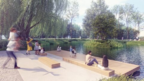 Wizualizacja Parku Miejskiego w Pleszewie po rewitalizacji z podestem do siedzenia, leżakami, ławkami i nowymi nasadzeniami.