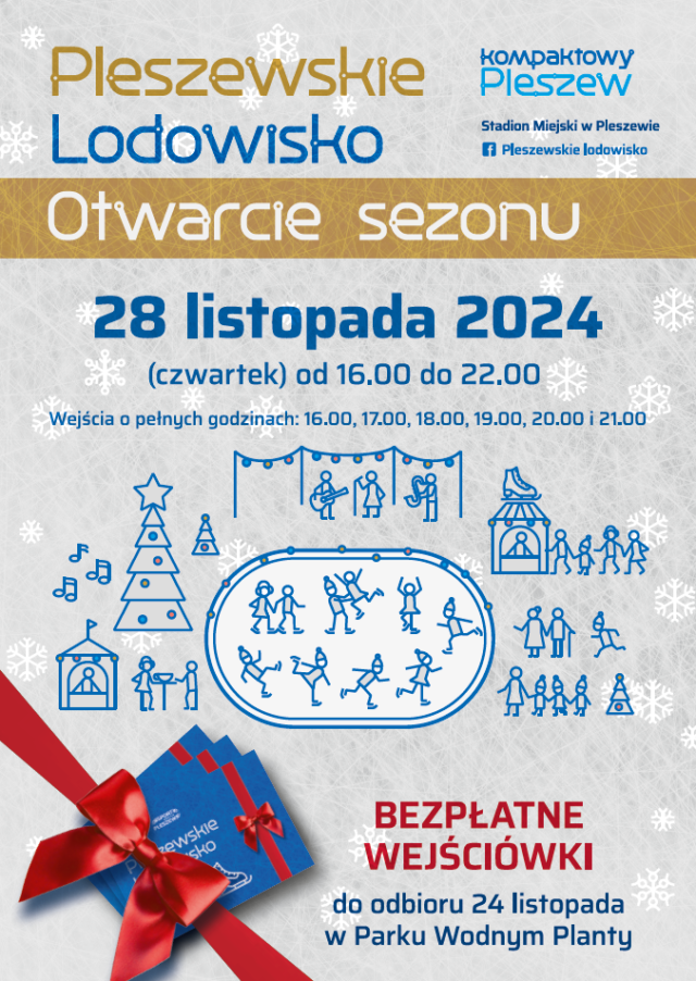 Plakat otwarcia sezonu na pleszewskim lodowisku dnia 28 listopada o godzinie 16:00.