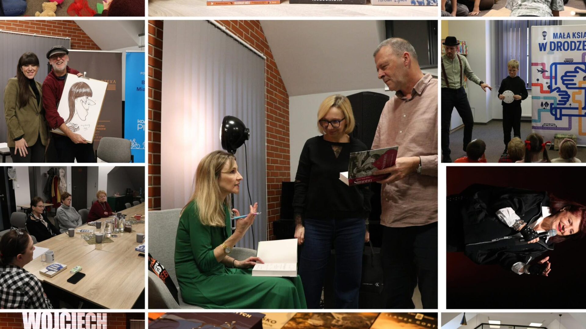 Kolaż zdjęć przedstawiających osoby korzystające z oferty bibilioteki publicznej w Pleszewie oraz księgozbiór książnicy.