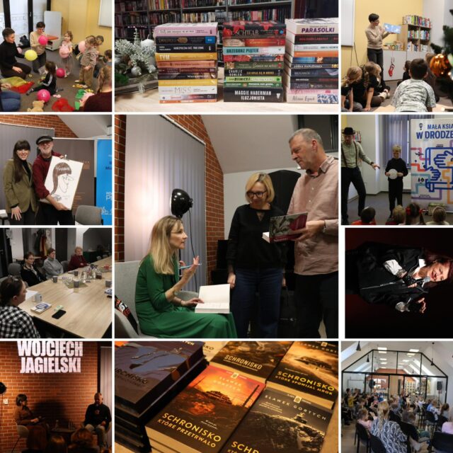 Kolaż zdjęć przedstawiających osoby korzystające z oferty bibilioteki publicznej w Pleszewie oraz księgozbiór książnicy.